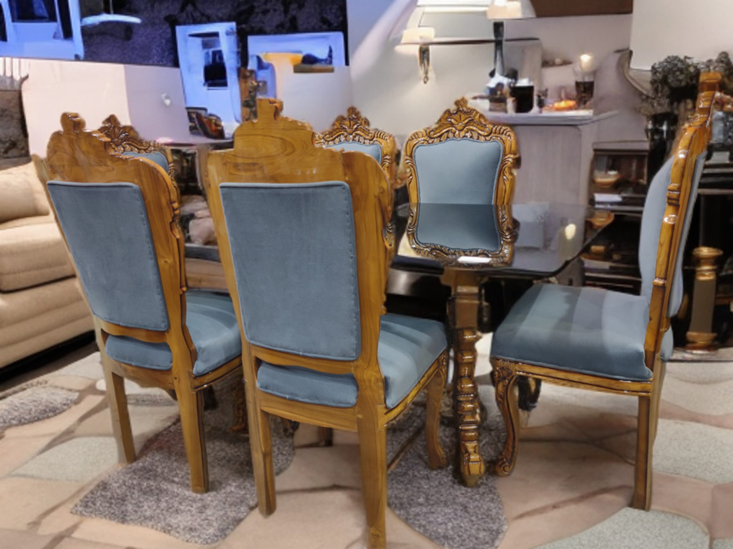 (SAMRAT) Solid Teak Wood Dining Set - Glass Top Table with 6 Chairs