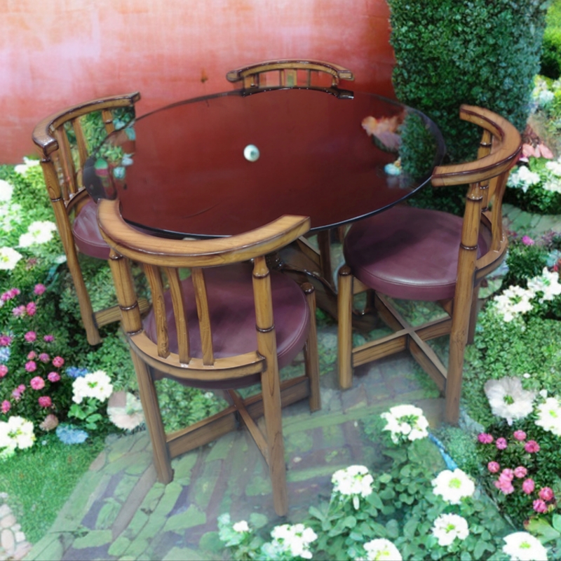 (SAMRAT) Solid Teak Wood Dining Set - Glass Top Table with 6 Chairs