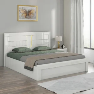(KOSMO) Arctic King Size Bed in High Gloss White Finish with Hydraulic Storage & Led Light in Headboard